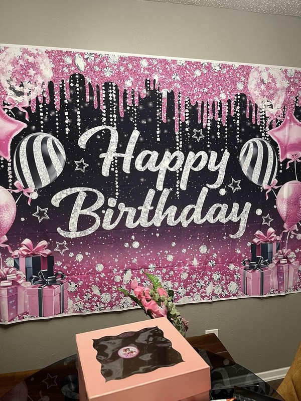 Pink Black Happy Birthday Backdrop for Women Pink and Black Glitter Happy Birthd gallery