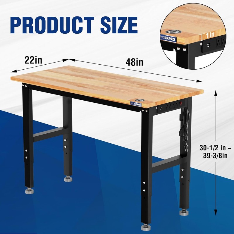 WORKPRO 48" Adjustable Workbench, Rubber Wood Top Heavy-Duty Workstation gallery