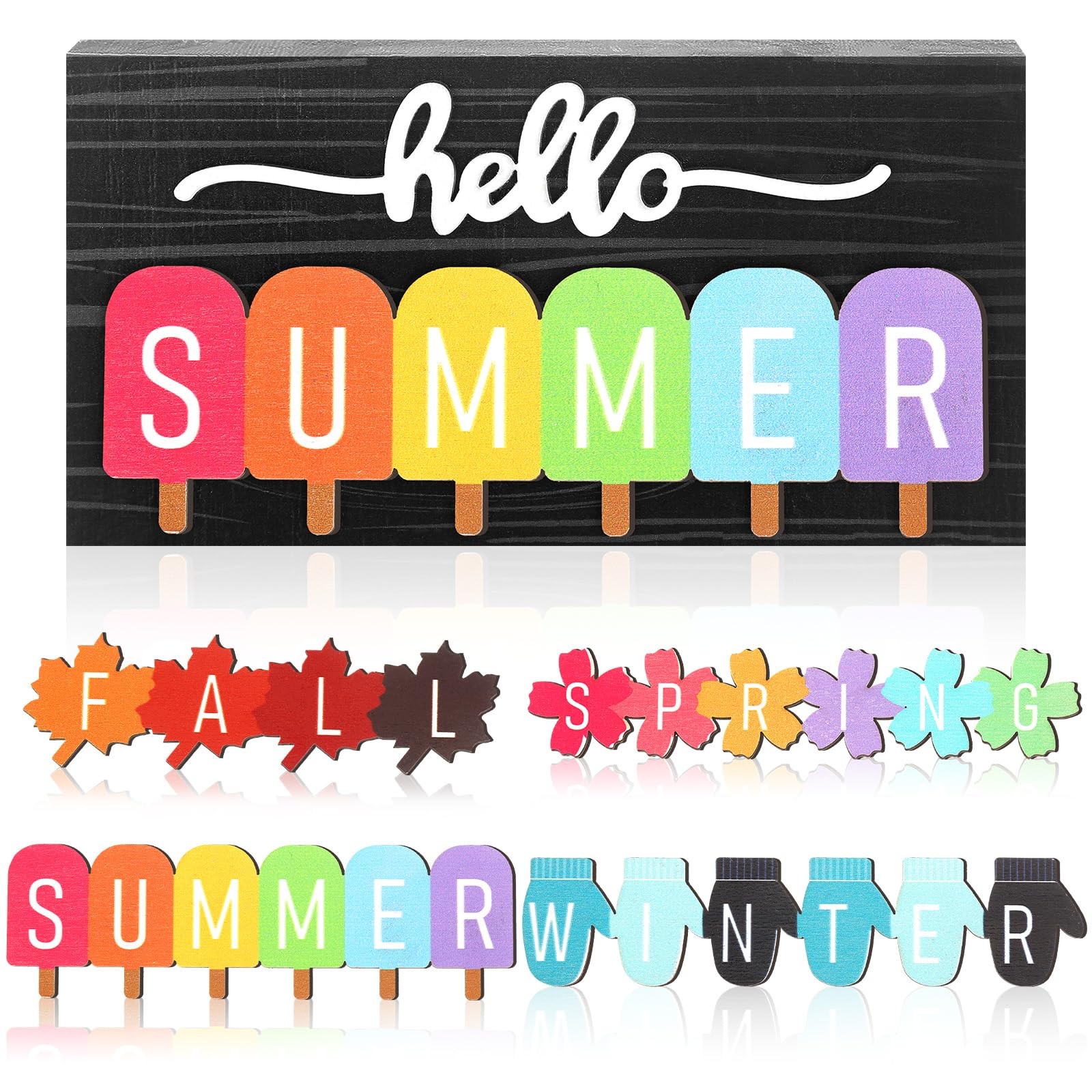 5 Pcs Hello Summer Interchangeable Sign Seasonal Sign Fall Winter Spring Tier... gallery