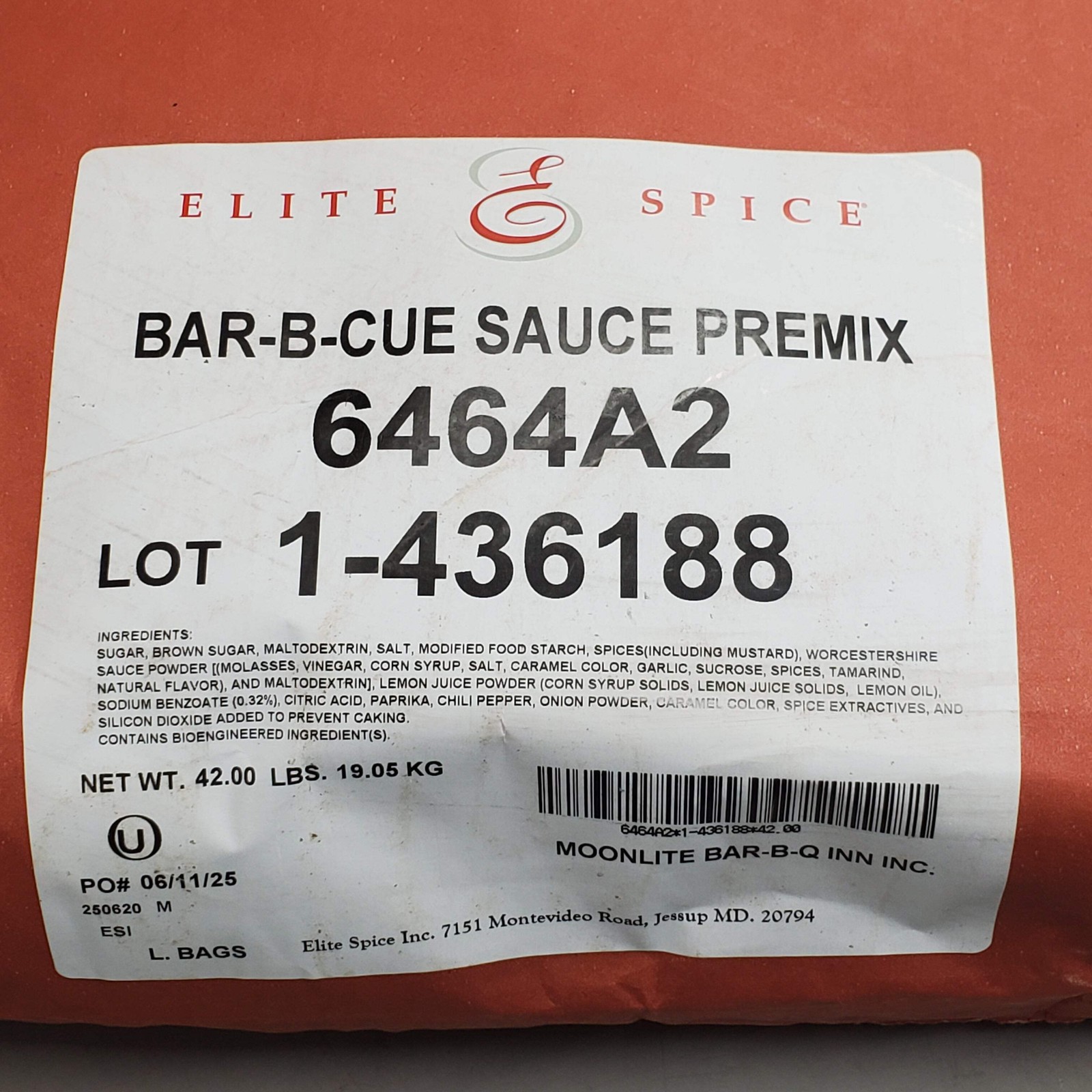 ELITE SPICE Moonlite Bar-B-Cue Sauce Premix 42 LBS 6464A2 BB 06/28 gallery