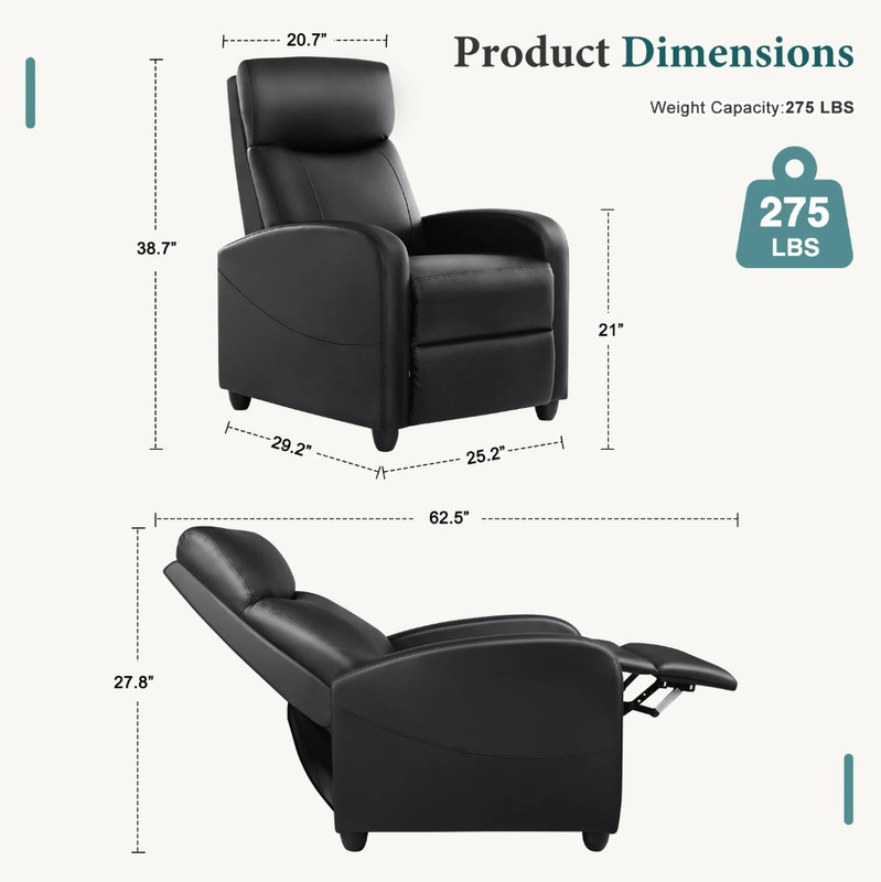 SMUG Black Single Sofa Comfortable Recliner Adjustable Reclining for Lounge gallery