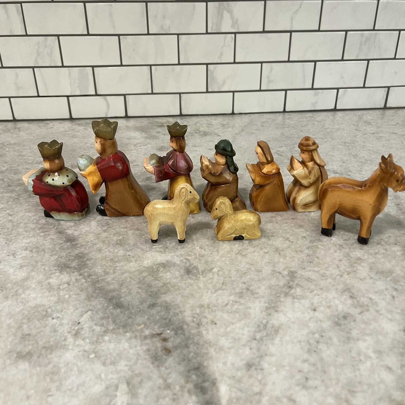 Nativity Set Hand Carved Wooden 9 Piece Miniature Christmas Decor Holy gallery