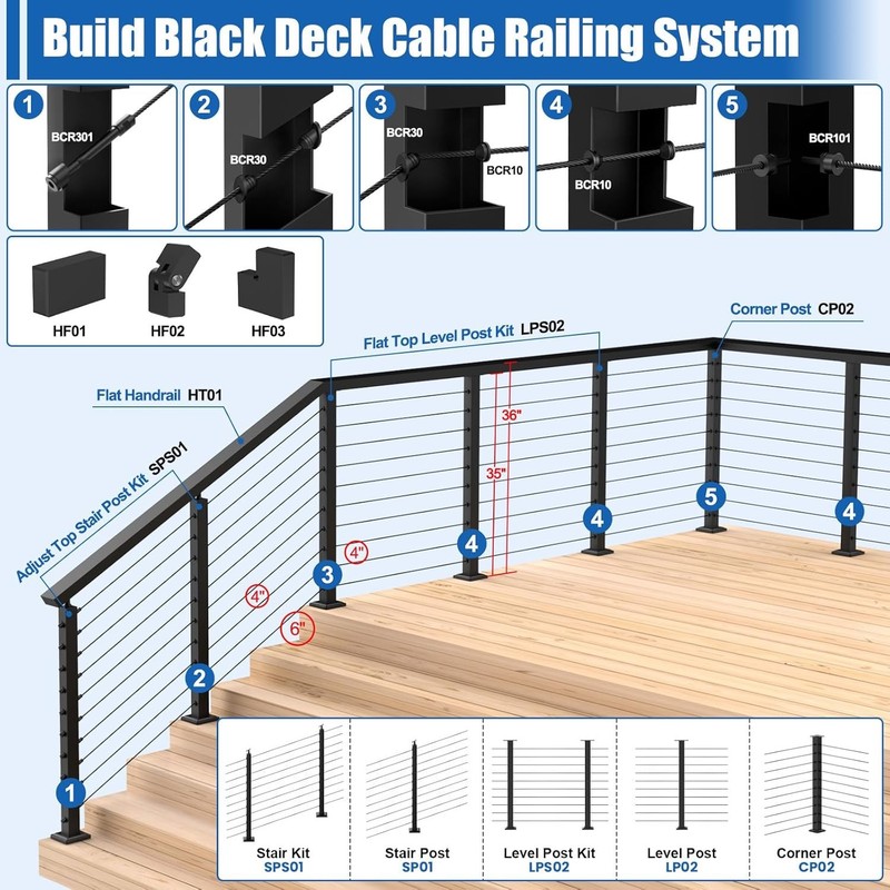 CKE 10Ft-15Ft Complete Set 36" Cable Railing Post Kit, 3Pack Black Level Drilled gallery