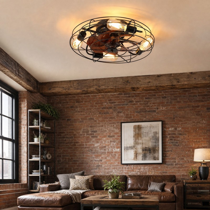 20'' Caged Ceiling Fan with Light Low Profile Flush Mount Remote Control Black gallery