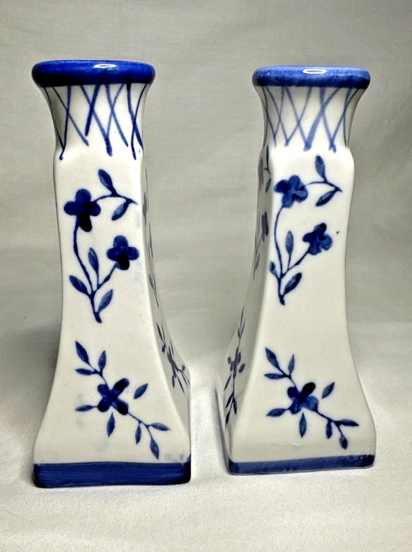 Two Pillar Candlestick Holders 5" Cobalt Blue Delft Floral Porcelain Ceramic gallery