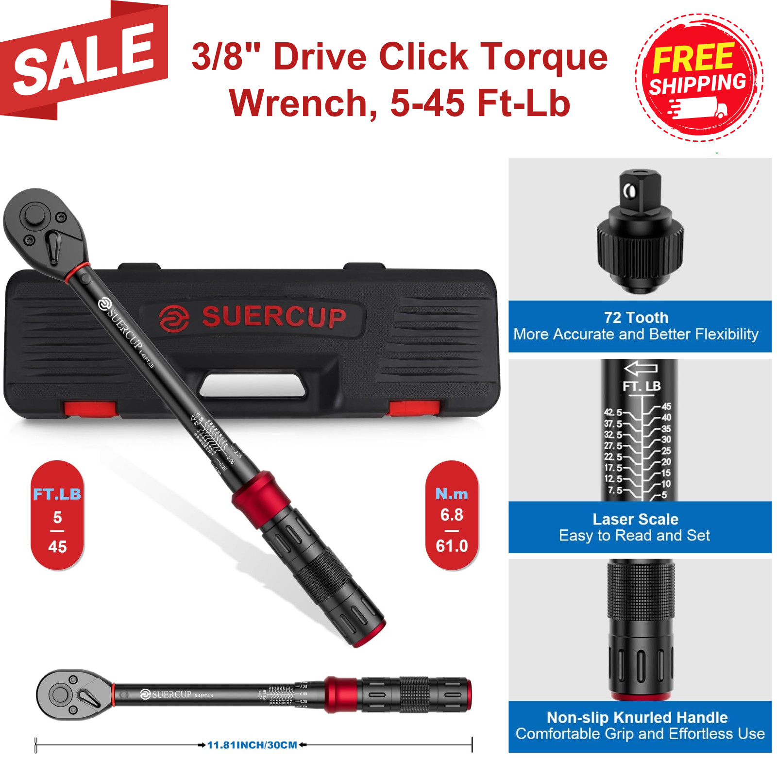 3/8" Drive Click Torque Wrench, 5-45 Ft-Lb, Dual-Direction, 72-Tooth, with Case gallery