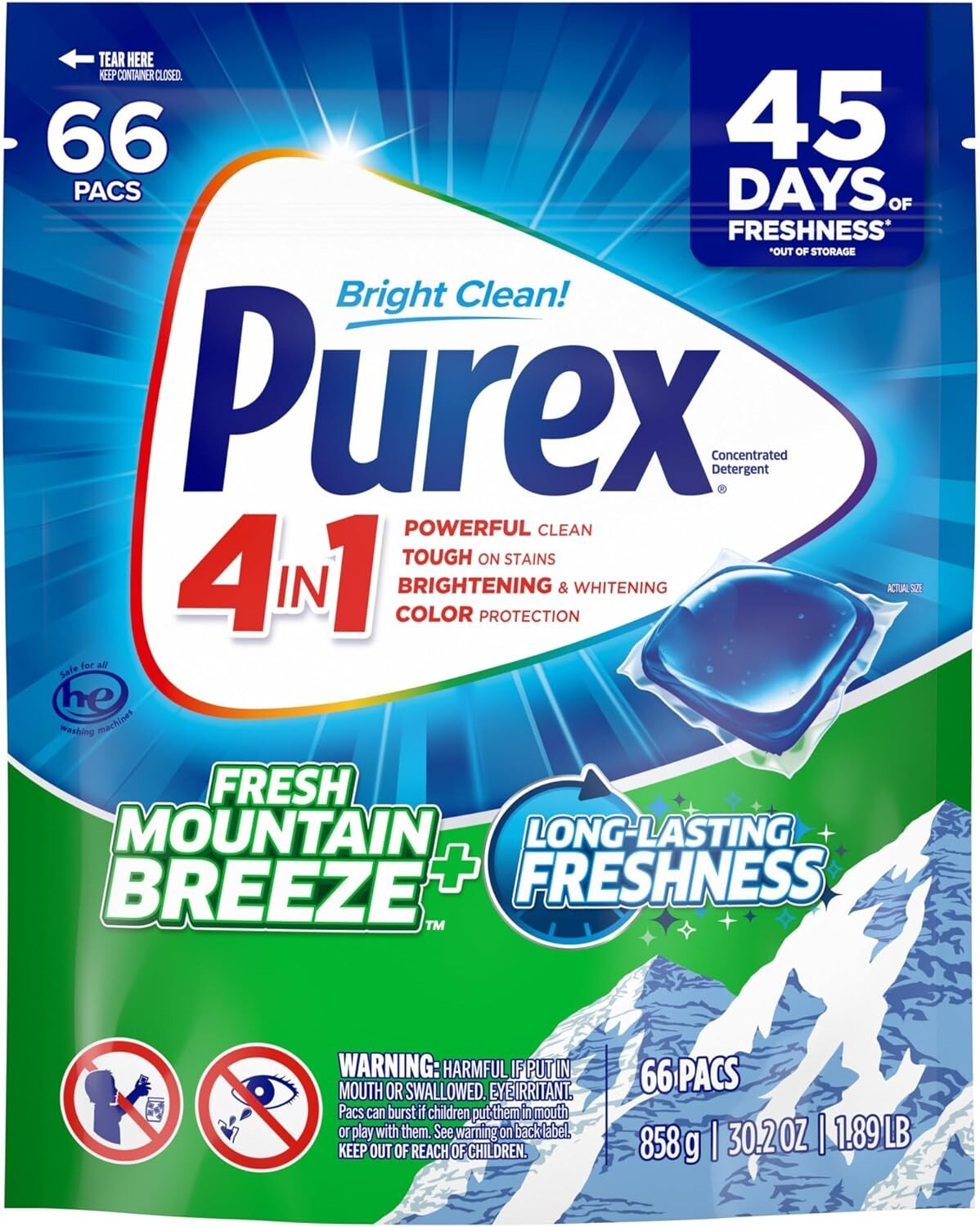 Purex 4-in-1 Laundry Detergent Pacs, Fresh Mountain Breeze, 66 Packs gallery