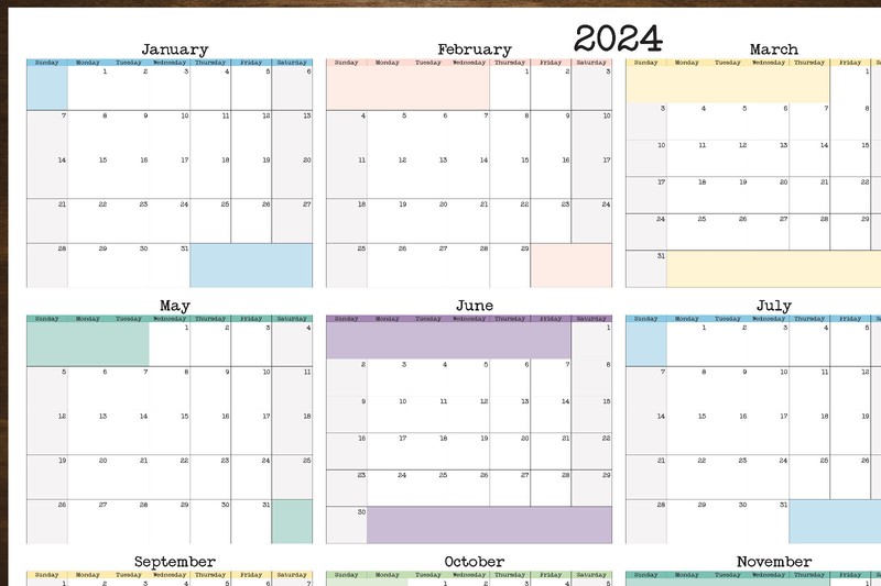 Large Wall Calendar, Annual Planner, Start On Any Month, 36" x 24" or 24" x 16" gallery