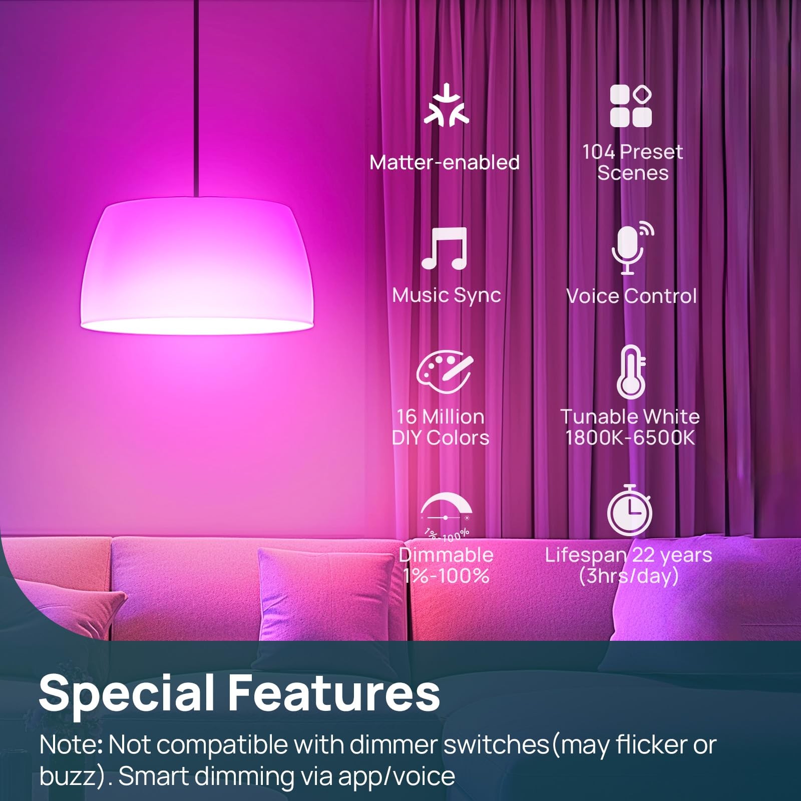 Smart Light Bulbs 100W 1600LM RGBTW LED Wi Fi 2.4GHz 4 Pack Linkind Matter Work gallery