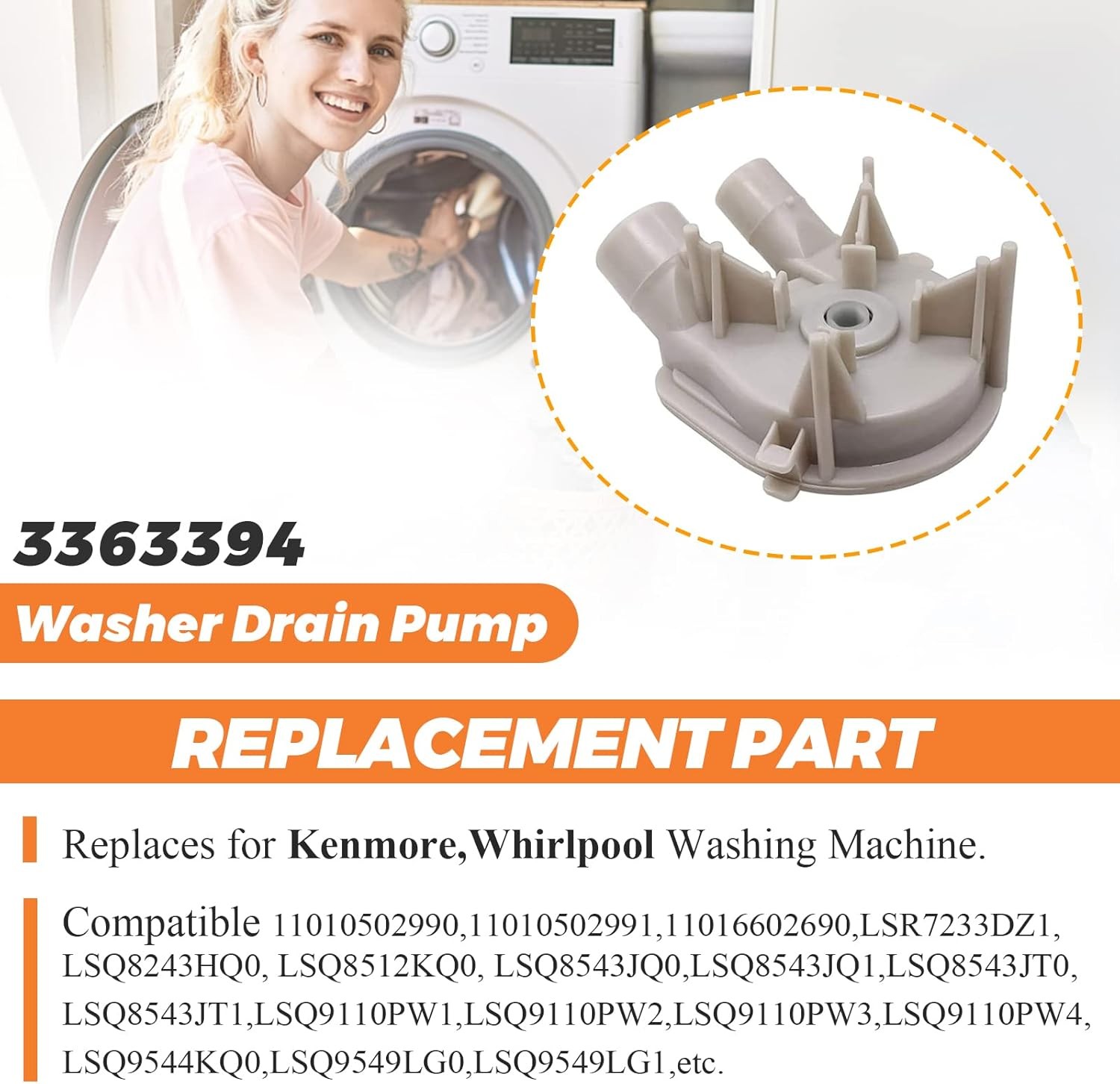 3363394 Washer Drain Pump Compatible Replacement for Kenmore Maytag Whirlpool gallery