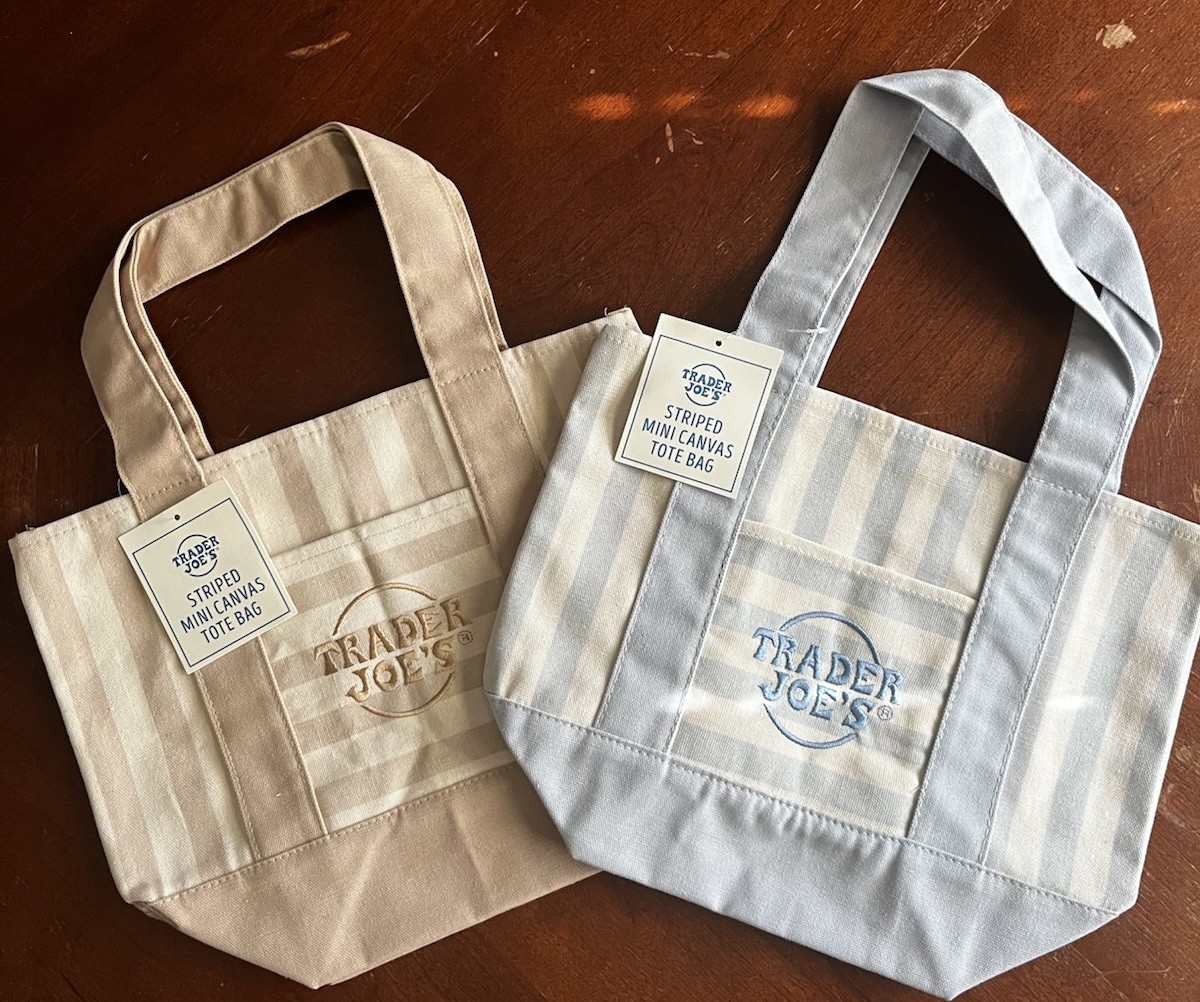 2 New 2026 Trader Joe’s Striped Mini Canvas Tote Bags Blue And Tan gallery