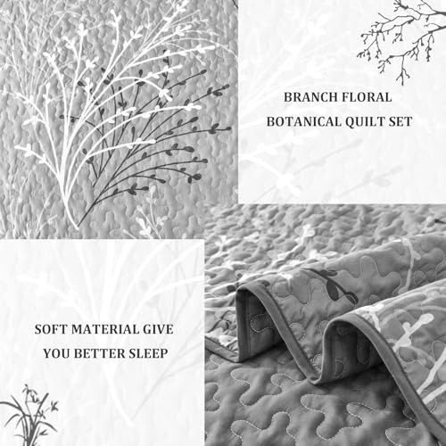 Quilt Set Size Branch Botanical Pattern Bedspread Coverlet Set, 3 Full Grey gallery