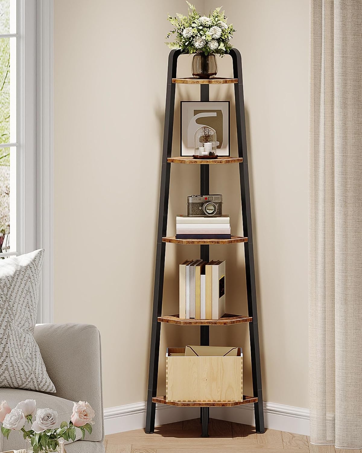 Corner Shelf 5-Tier Ladder Corner Shelf Ladder Bookshelf 59.6" Tall Vertical gallery