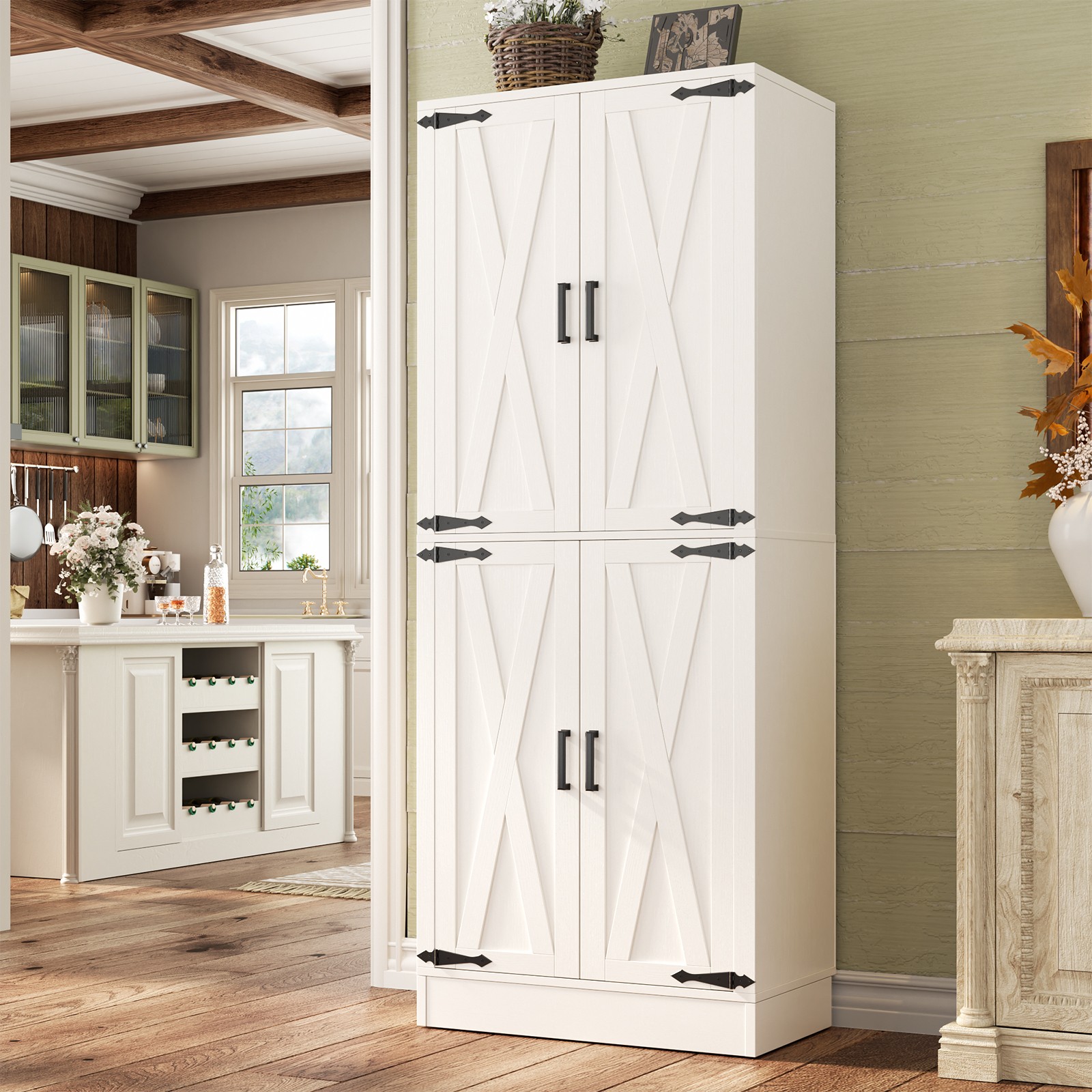 71" Tall Kitchen Pantry Storage Cabinet with 4 Barn Doors and Drawer and Shelves gallery
