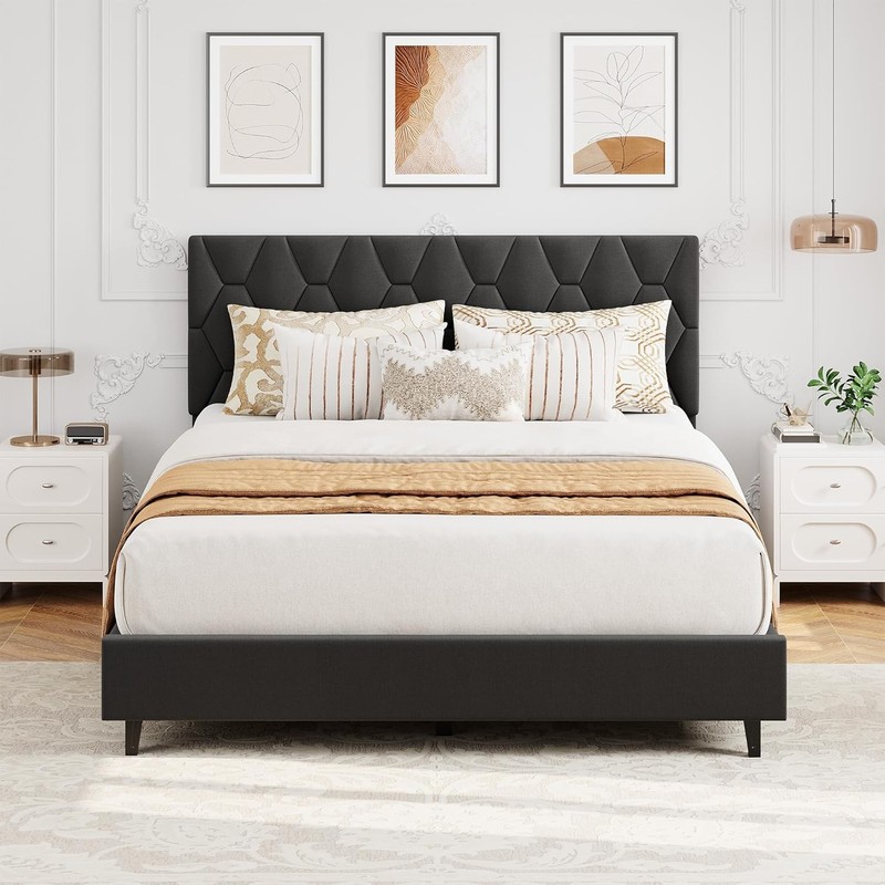 Twin Full Queen King Bed Frame w/ Upholstered Headboard Grey Platform Bed Frame gallery