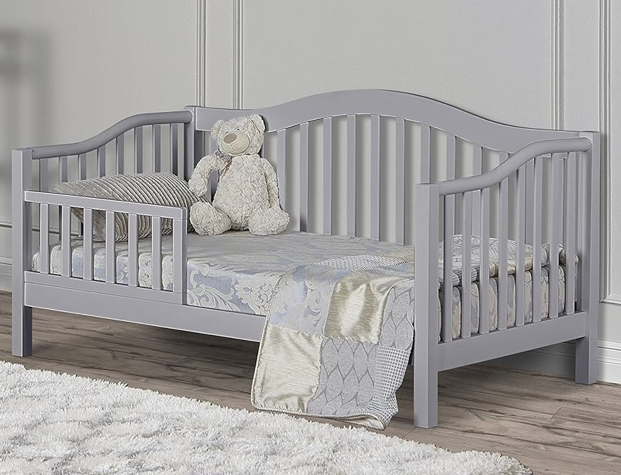Toddler Day Bed Solid Wood Frame Gray Childrens Daybed with Safety Guard Rails