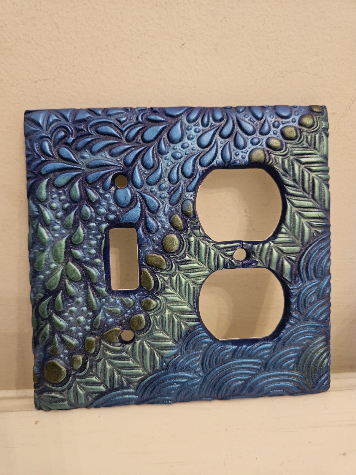 Hand Crafted Polymer Clay Double Outlet Light Switch Plate Cover Blue Green OOAK gallery