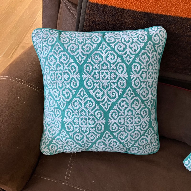 Pier 1 Decorative Throw Pillows 18 X 18 Teal & White Geometric Set of 2 gallery
