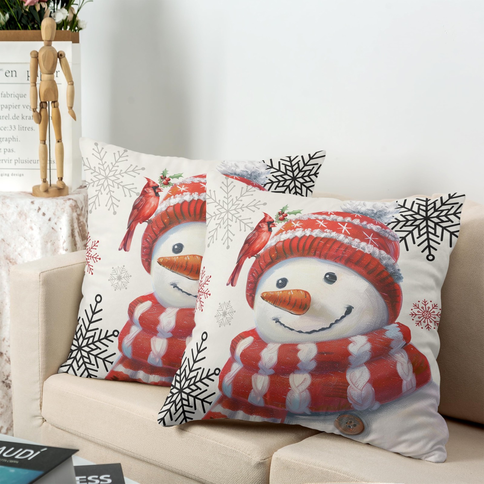 Kwlegh Red Snowman Cardinal Snowflake Pillow Covers 20x20 Set of 2 Christmas gallery