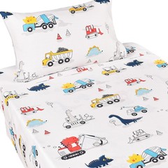 Dinosaur Construction Work Digger Cars Vehicle Cute Cozy Fun Twin Sheet Set f…