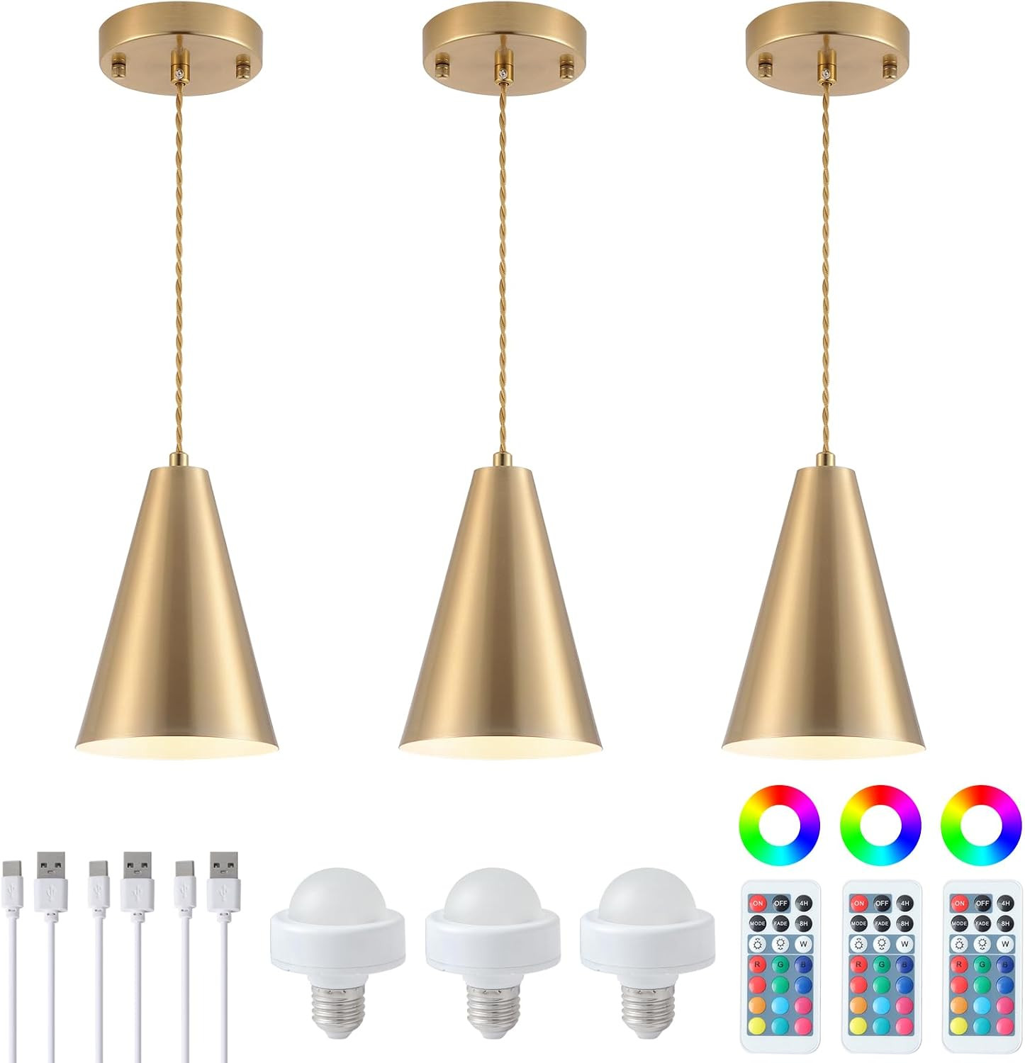 Gold Battery Operated Pendant Lights Kitchen Island 3 Pack with Remote Control,W gallery