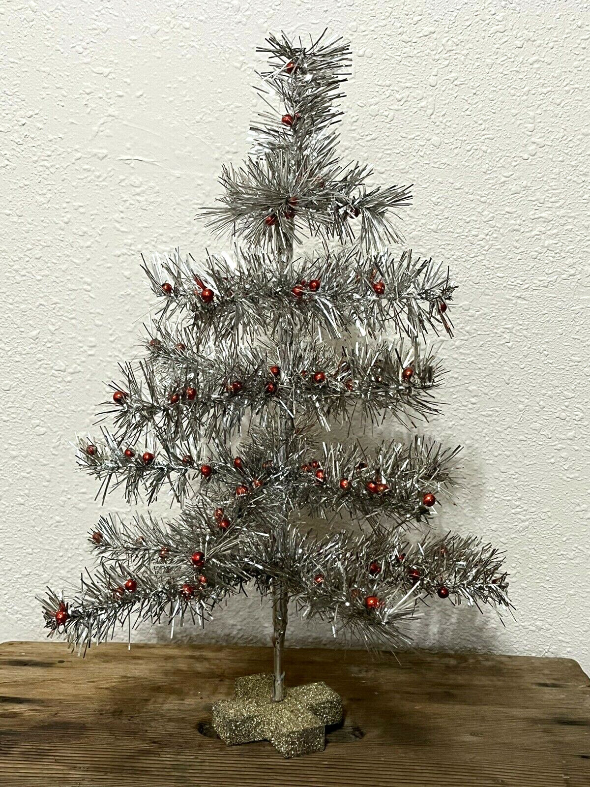 Vintage Style Silver Tinsel Feather Christmas Tree Red Ornaments Wood Base 18" gallery