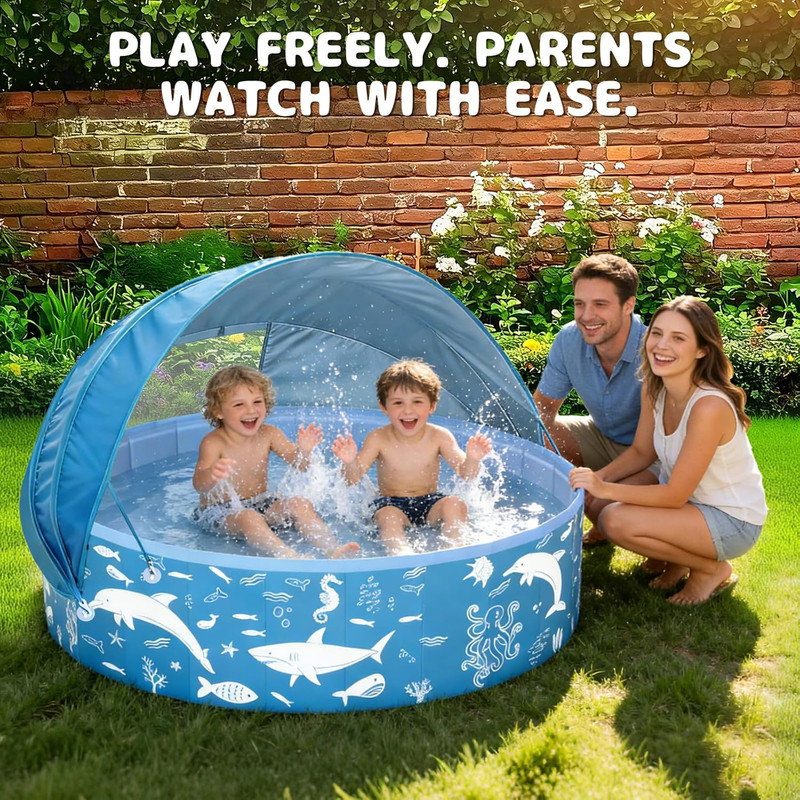 55” Extra Large Kiddie Pool with Canopy, UPF 50+ Sun Shade Baby Pool, No Inflat gallery