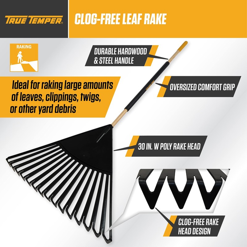 True Temper 30 Inch Clog Free Leaf Rake With Comfort Grip Handle gallery