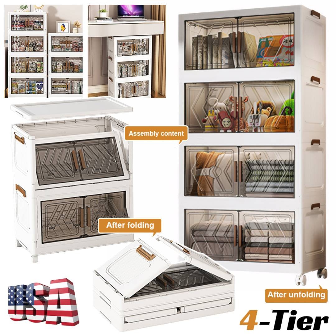 4 Tier Folding Storage Cabinet Stackable Boxes with Magnetic Doors & Wheels US gallery