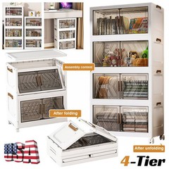 4 Tier Folding Storage Cabinet Stackable Boxes with Magnetic Doors & Wheels US