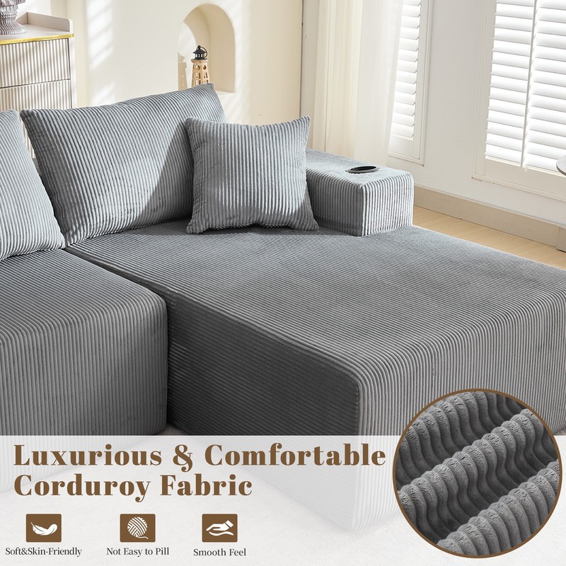 L Shaped Corduroy Sofa Cloud Couch Compression Boneless Sofas w/ 5 Throw Pillows gallery