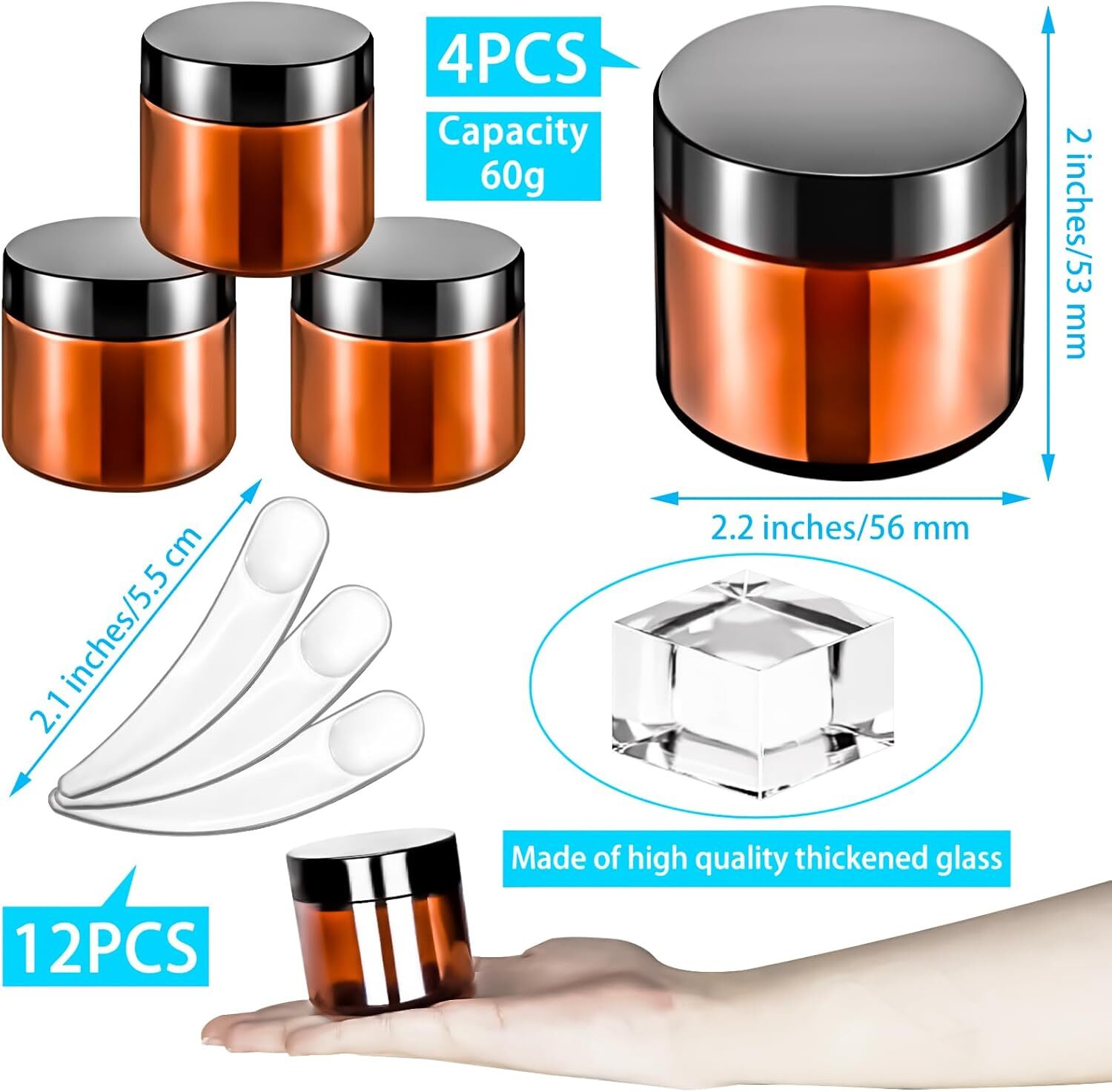 MotBach 4 Pack 2oz Glass Jars with Lids 60ml Mini Round Clear Amber Black Lid gallery