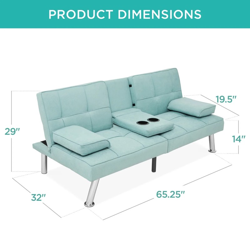 Linen Upholstered Convertible Sofa Bed Futon w/ 2 Cupholders Color Aqua gallery