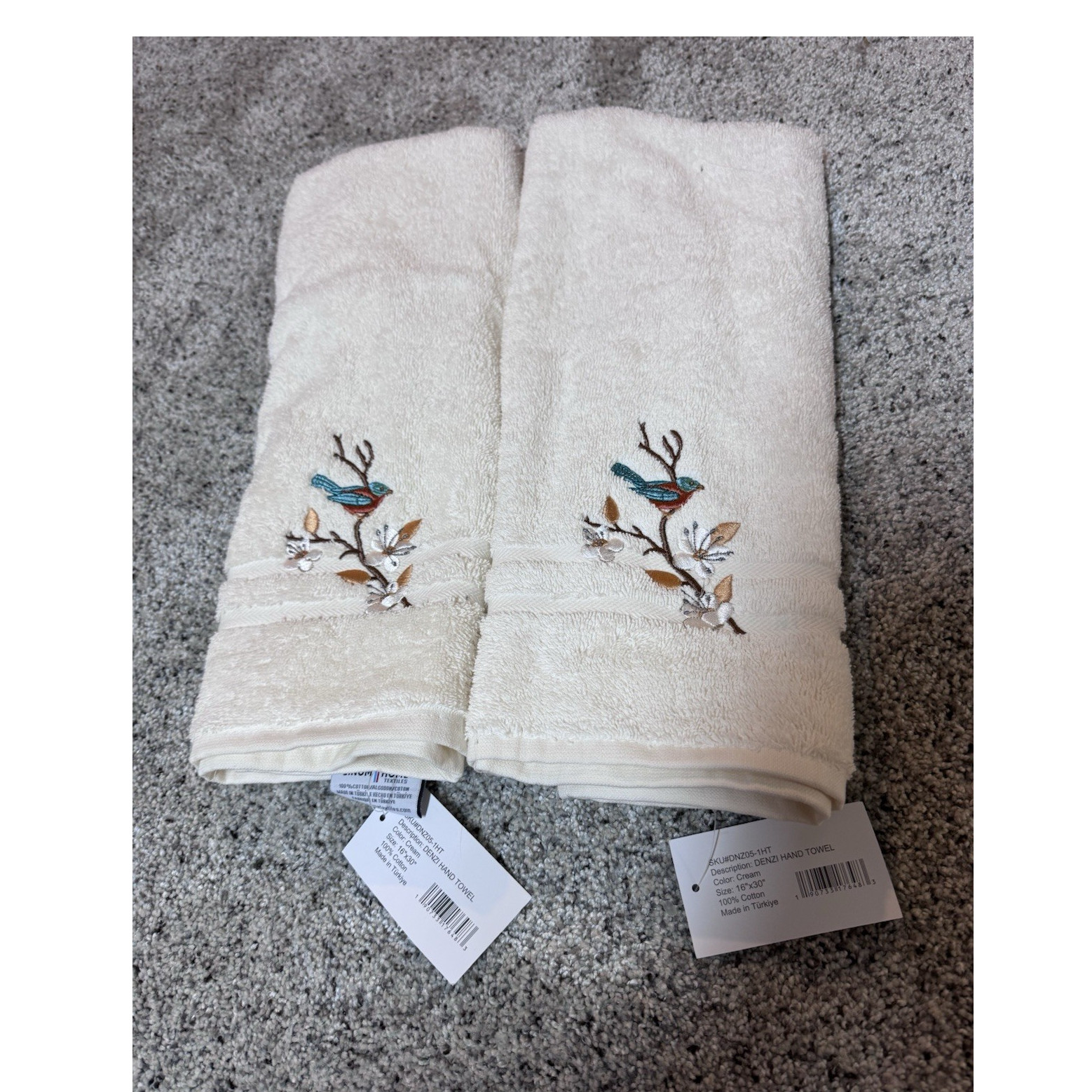 Linum Home Textiles Embroidered Bird Hand Towels, Cream 100% Cotton 2pc 16x30 gallery
