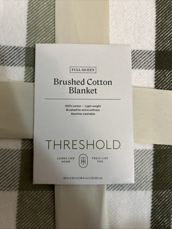 Threshold Full/Queen Brushed Cotton Blanket Cream & Green 90 in x 92 in New gallery