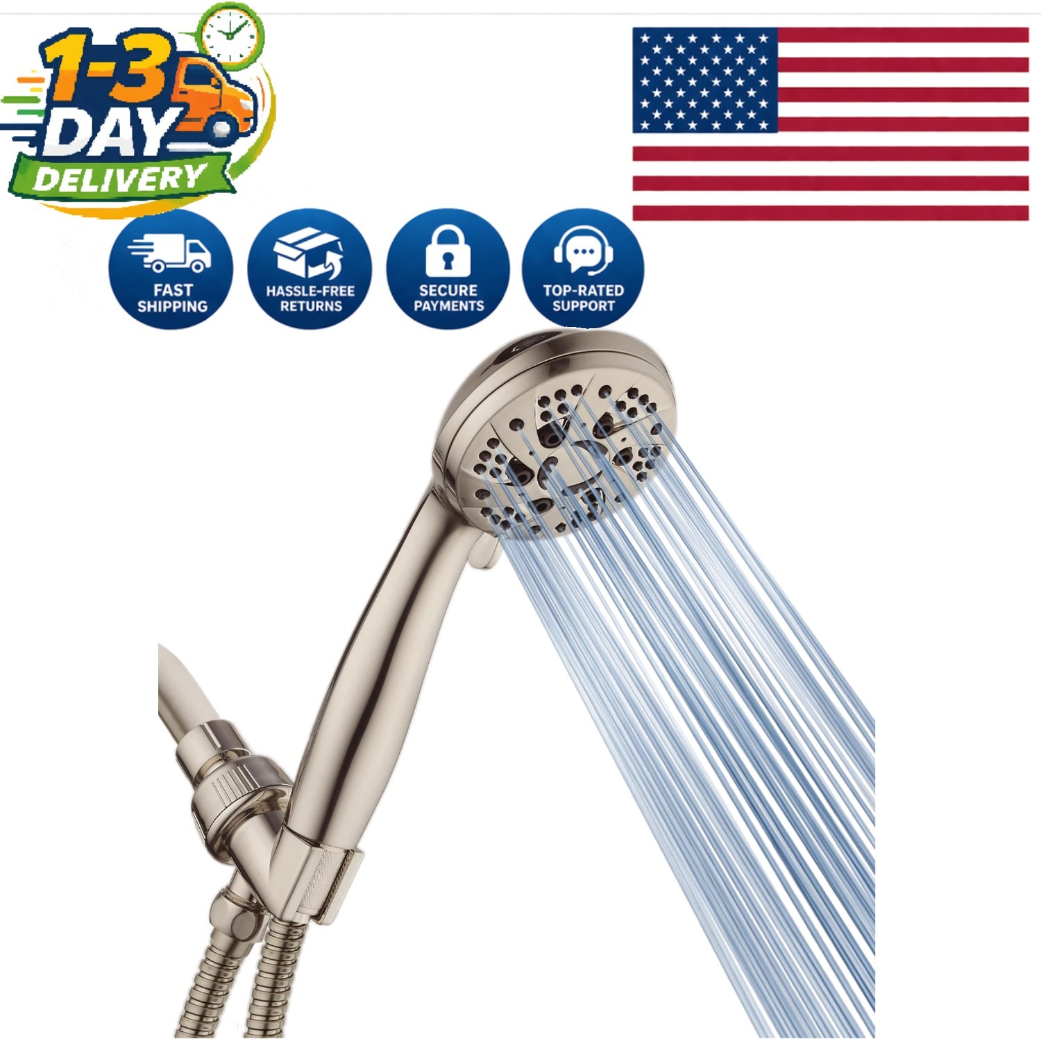 Aquadance 6-Setting High Pressure Brushed Nickel Handheld Shower Head - 2.5 GPM gallery
