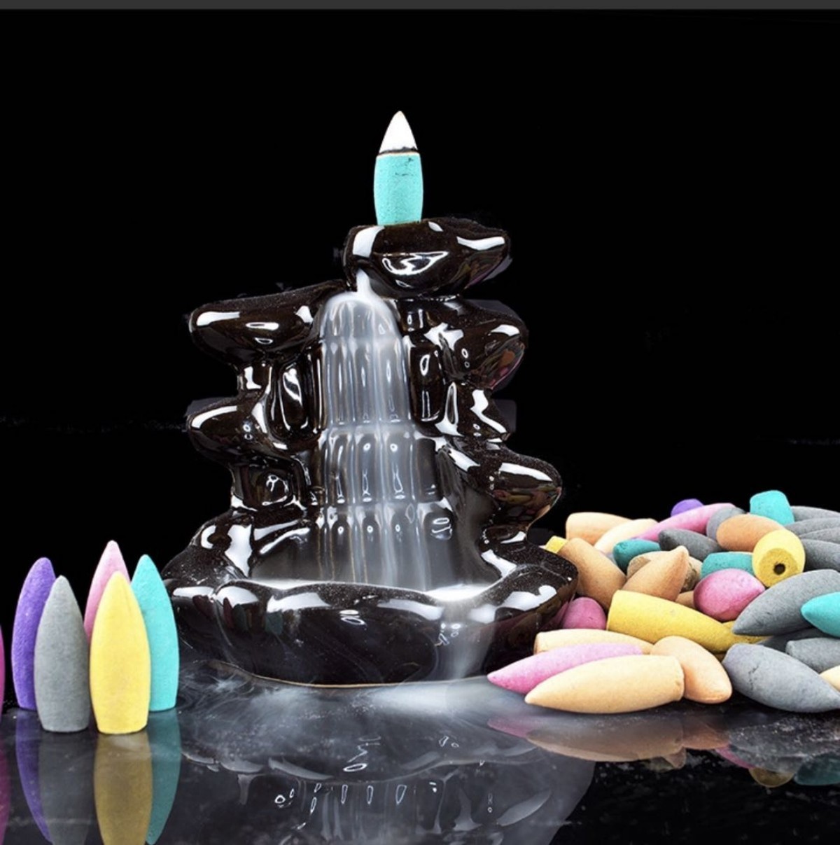 Ceramic Backflow Incense Burner Holder Lotus Waterfall & Incense Cones Gift gallery