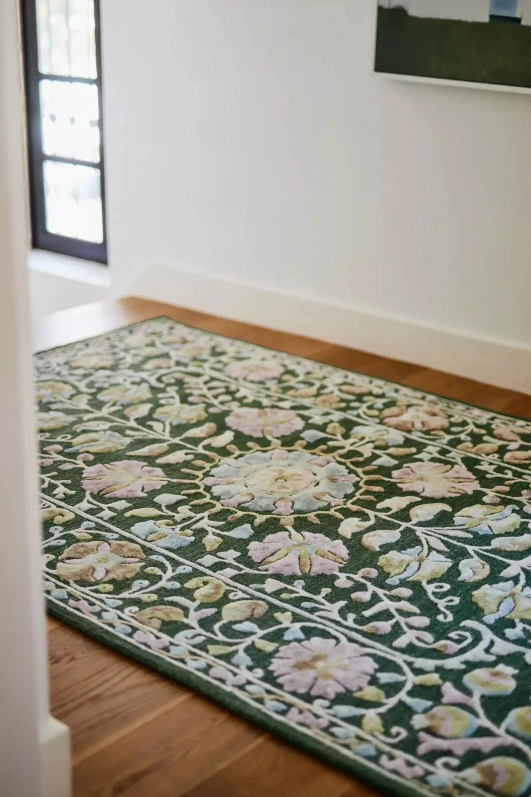 Handmade Wool & Silk Tufted Rug Floral Botanical Design Green Carpet gallery