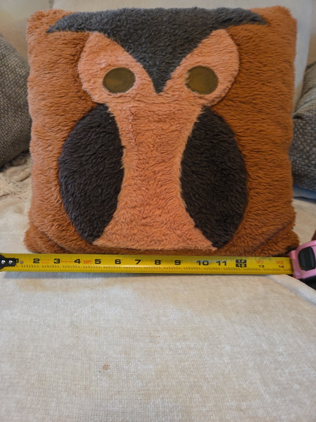 Vintage MCM Owl Throw Pilllow Fuzzy Brown Beige 13x13" 1960s 1970s gallery