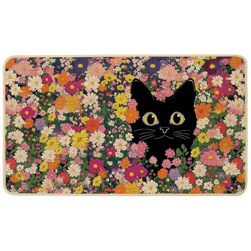 Spring Summer Doormat Outdoor Outside,Black Cat Flowers Welcome Door Mat Low gallery