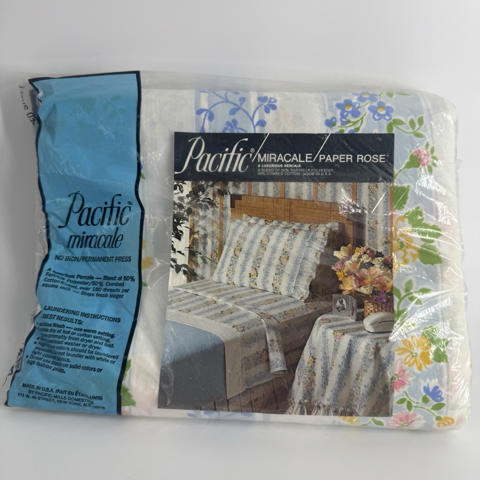 Pacific Miracale Double Fitted Sheet Paper Rose Floral BRAND NEW Vtg Linen NOS gallery