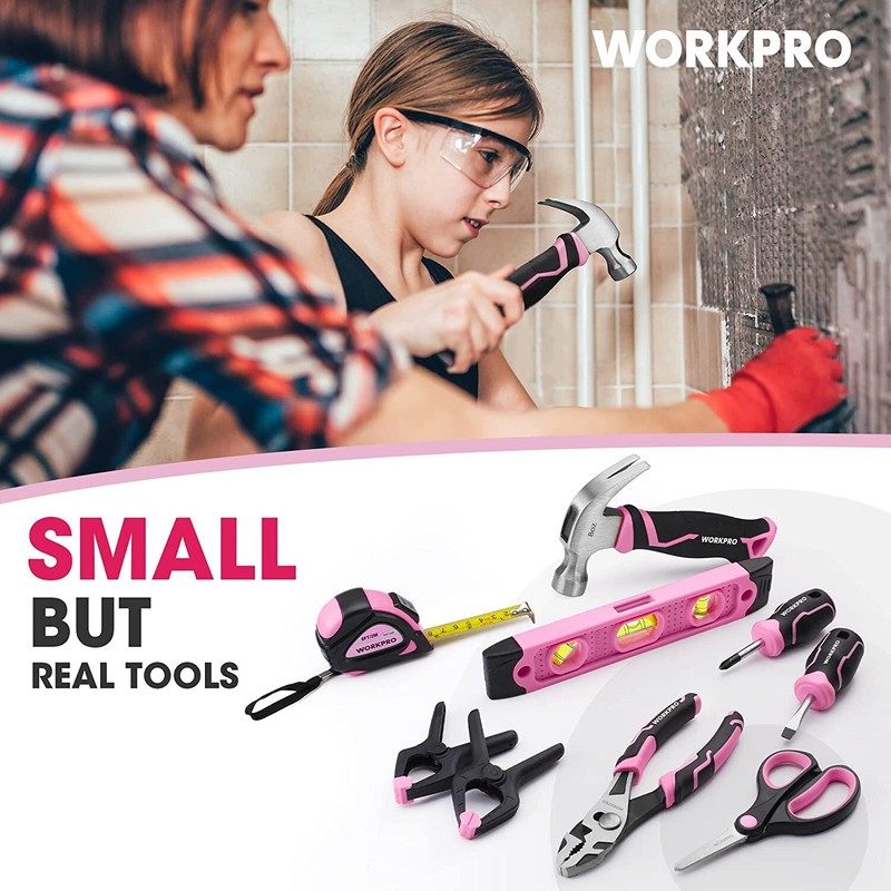 WORKPRO Pink/Blue Beginner Tool Set 12" Steel Tool Box 10PC Starter Tool Box Set gallery