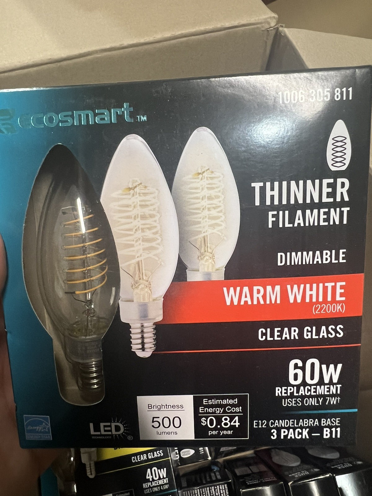 (3-Pk) EcoSmart LED Vintage Edison Light Bulb Warm White 2200K B11 60W gallery