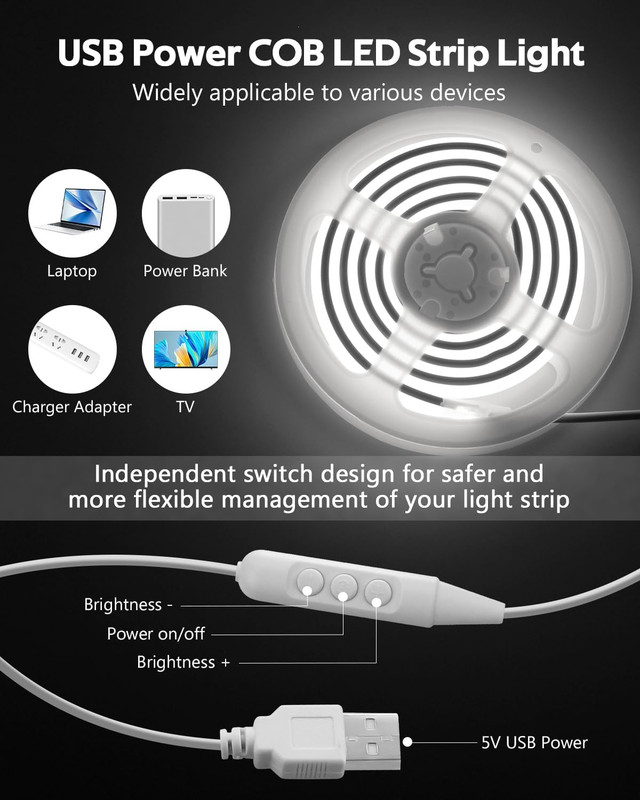 5V USB COB LED Light Strip with Dimmer 3.3FT Daylight White LED Rope Lights gallery
