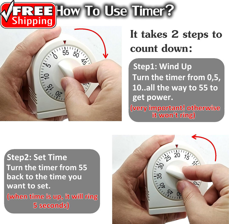 60 Minute Wind up Timer, Visual Mechanical Timer with Loud Alarm, Manual Countdo gallery