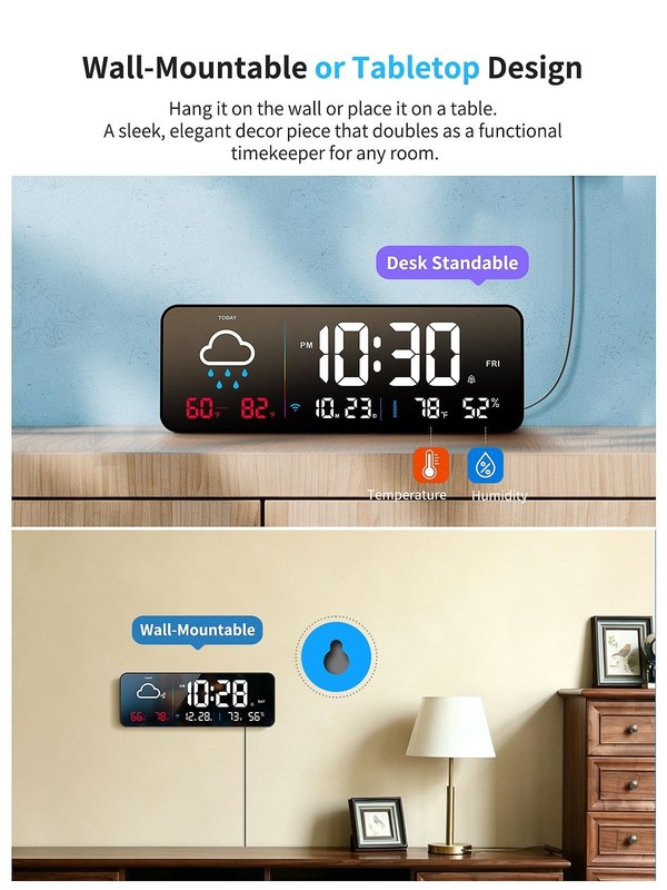Large Digital Wall Clock with Auto-Sync, LED Alarm, Weather & Temp Display gallery