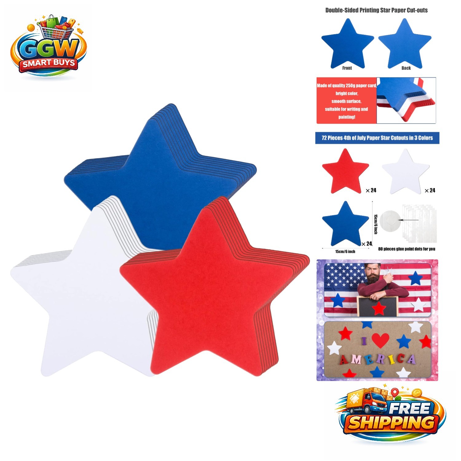 6-Inch Star Paper Cutouts - 72 Durable Red, White & Blue for Craft Projects gallery
