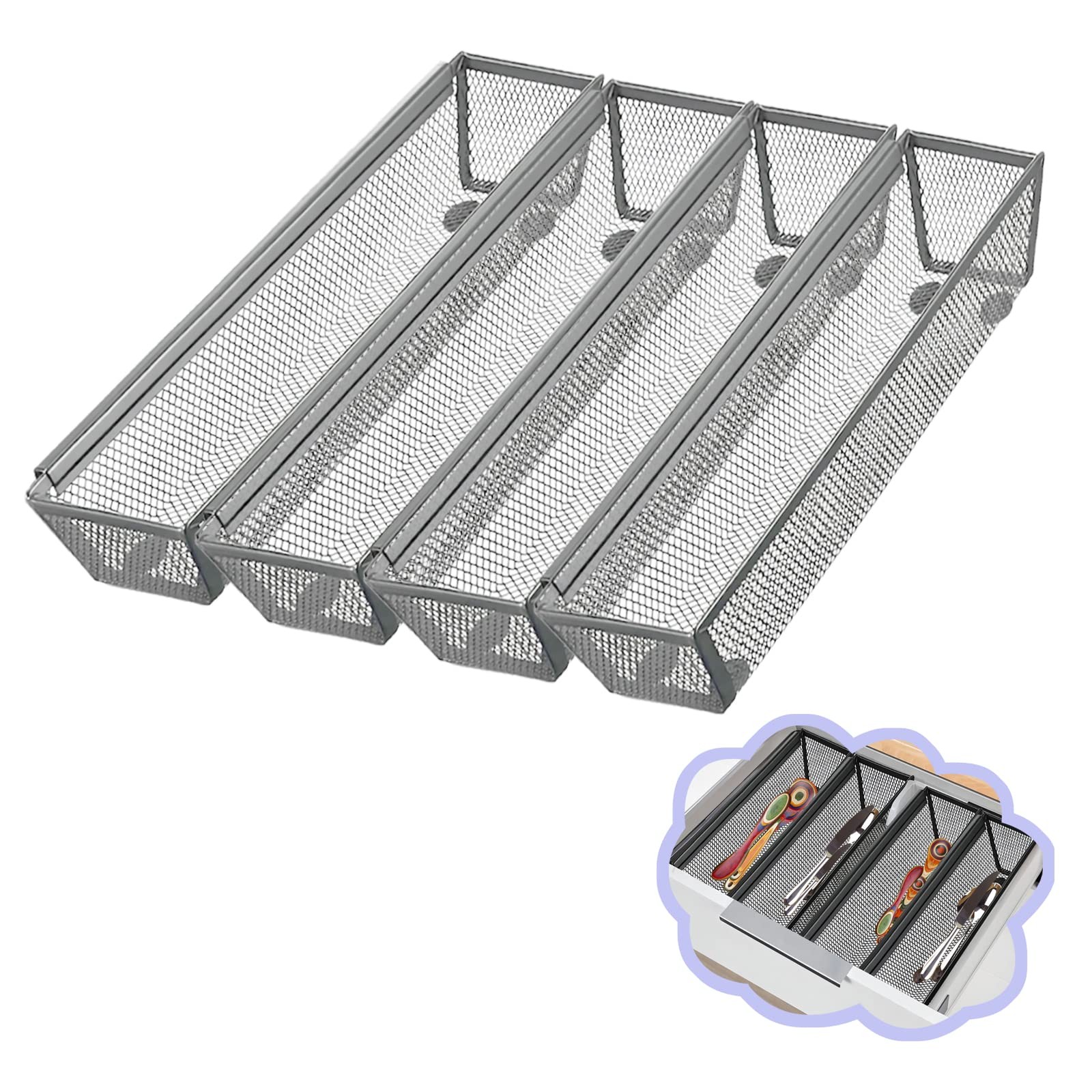 Drawer Organizer 4 PCS Mesh Utensil Tray Interlocking Grey 12x3x2 Inch gallery