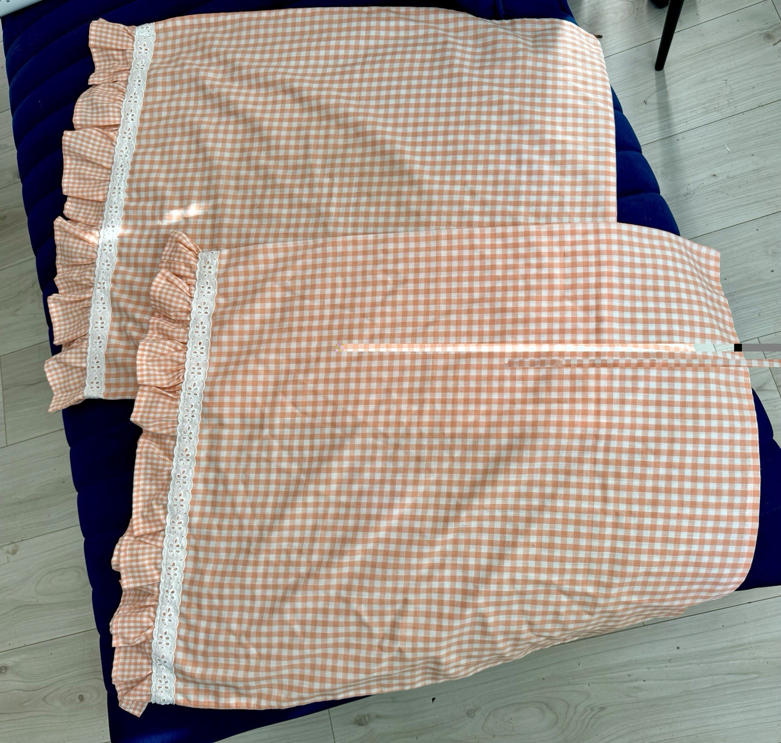 2 Vtg Pair Standard Handmade Orange Ruffle Gingham Checked Pillowcases 22x28 gallery