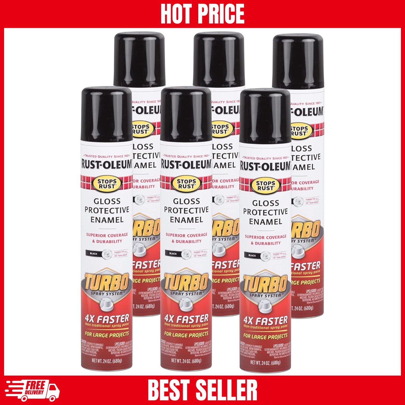 Rust-Oleum 334128-6PK Stops Rust Turbo Spray Paint, 24 oz, Gloss Black, 6 Pack gallery